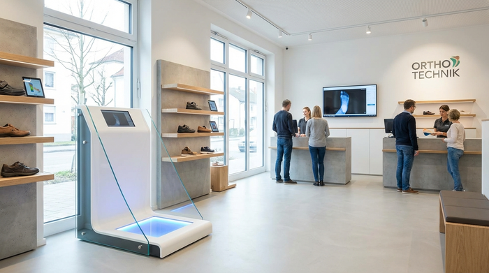 Ein moderner 3D-Fußscanner in einem hellen, sauberen Sanitätshaus. Ein sanftes blaues Licht beleuchtet die Glasplatte, während der Raum professionell, modern und einladend wirkt.