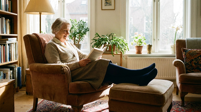 Eine ältere Dame sitzt entspannt auf einem gemütlichen Sessel in ihrem hellen Wohnzimmer und trägt unauffällige, elegante Kompressionsstrümpfe, die wie normale blickdichte Strumpfhosen aussehen.