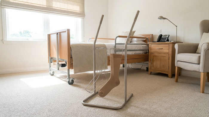 Ein praktisches Metallgestell als Anziehhilfe für Strümpfe steht auf einem sauberen Teppichboden in einem hellen, altersgerecht eingerichteten Schlafzimmer. Die Umgebung wirkt aufgeräumt und friedlich.
