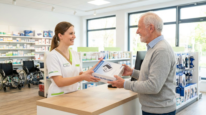 Eine lächelnde Fachberaterin in einem modernen Sanitätshaus überreicht einem Senior ein verpacktes medizinisches Hilfsmittel über einen hellen Verkaufstresen. Im Hintergrund sind unscharfe Regale mit Gesundheitsprodukten zu sehen.