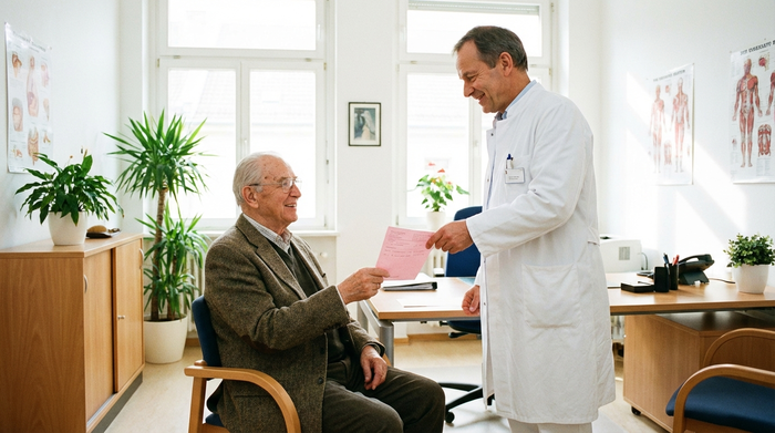 Ein älterer Herr sitzt im Sprechzimmer eines Arztes und erhält ein rosa Rezept. Der Arzt trägt einen weißen Kittel und lächelt freundlich. Helle, saubere Praxisumgebung.