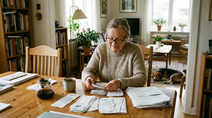 Eine ältere Frau sitzt am Esstisch und sortiert entspannt einige Belege und Dokumente. Eine Tasse Kaffee steht daneben. Ruhige, alltägliche Atmosphäre im heimischen Wohnzimmer.