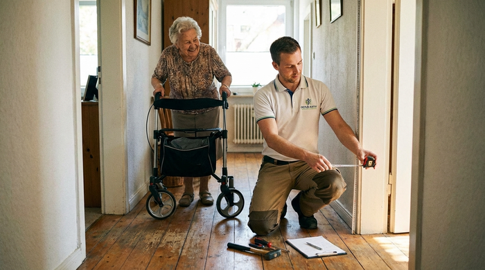 Ein Orthopädietechniker in gepflegter Arbeitskleidung kniet im Flur eines Wohnhauses und misst mit einem Maßband den Türrahmen aus. Eine ältere Dame schaut interessiert zu.