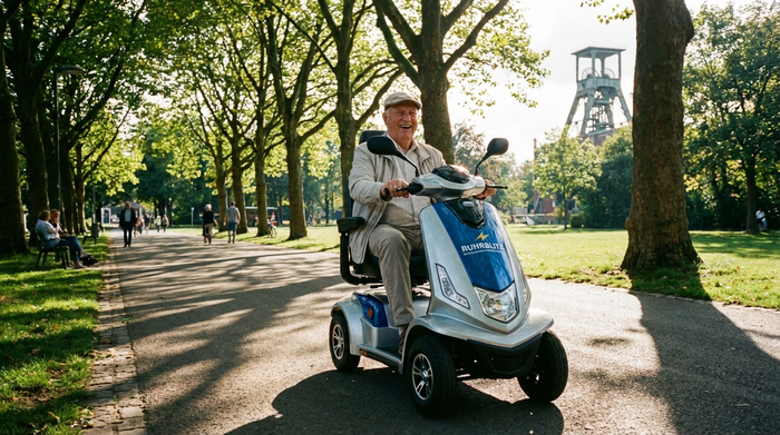 Ein glücklicher Senior fährt bei sonnigem Wetter mit einem modernen Elektromobil durch einen grünen Park in Gelsenkirchen. Bäume und ein gepflasterter Weg im Hintergrund.