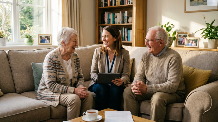 Eine professionelle Pflegeberaterin sitzt gemeinsam mit einem älteren Ehepaar auf dem Sofa. Sie unterhalten sich gut gelaunt. Warme, unterstützende und harmonische Stimmung.