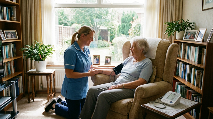 Eine fürsorgliche Pflegekraft misst den Blutdruck einer älteren Dame, die entspannt auf einem bequemen Sessel sitzt. Helles Zimmer, medizinische Routine, vertrauensvolles Miteinander.