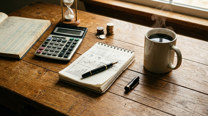 Ein Taschenrechner, ein Notizblock und ein Stift liegen auf einem Holztisch neben einer Tasse Kaffee. Aufgeräumte Schreibtisch-Szene, Fokus auf Planung und Finanzen, ohne lesbaren Text.