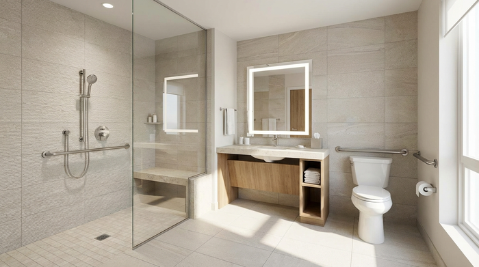 Ein modernes, barrierefreies Badezimmer mit einer großzügigen, bodengleichen Dusche, Haltegriffen an der Wand und rutschfesten Fliesen. Hell, sauber, sicher und komfortabel eingerichtet.