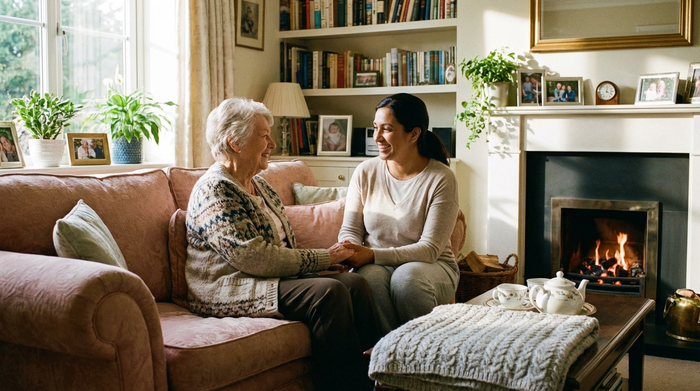 Eine ältere Frau und eine Pflegekraft sitzen lächelnd auf einem Sofa und reichen sich die Hände. Sympathisches Kennenlernen, vertrauensvolle Geste, gemütliches Wohnzimmer.