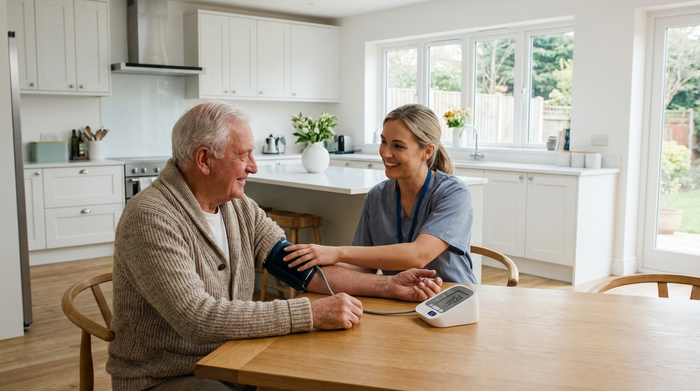 Eine Pflegekraft misst sanft den Blutdruck eines älteren Herrn, der entspannt am Esstisch sitzt. Im Hintergrund ist eine aufgeräumte, moderne Küche zu sehen. Helle, freundliche und medizinisch korrekte Szene.