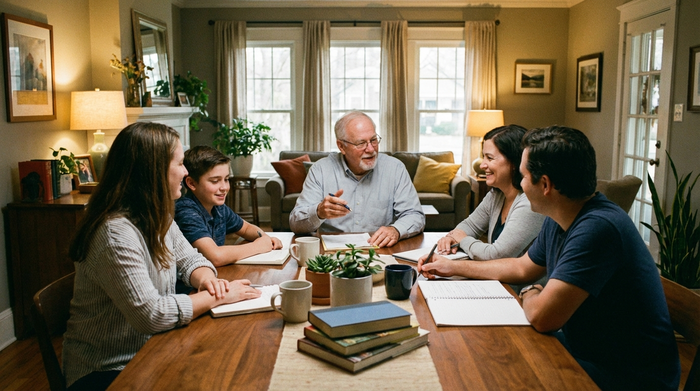 Eine Familie sitzt gemeinsam mit einem älteren Mann an einem Holztisch im Wohnzimmer und bespricht konzentriert Notizen. Entspannte, unterstützende Atmosphäre, warmes Licht.