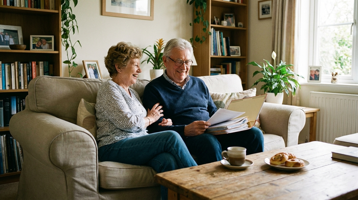 Ein älteres Ehepaar sitzt entspannt auf einem Sofa, während der Mann lächelnd Dokumente in einer Mappe betrachtet. Eine Kaffeetasse steht auf dem Tisch vor ihnen.