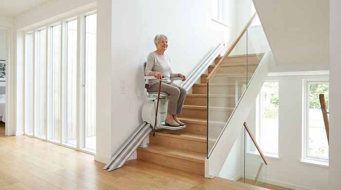Ein moderner, unauffälliger Treppenlift in einem hellen, sauberen Einfamilienhaus. Eine ältere Dame sitzt sicher und entspannt auf dem Lift und fährt die Treppe hinauf.