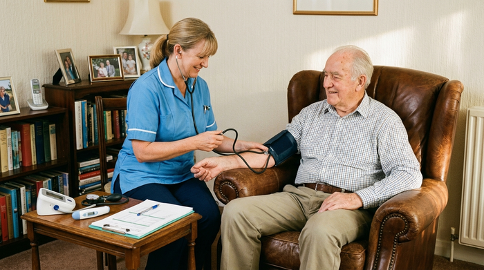 Eine erfahrene Pflegefachkraft misst behutsam den Blutdruck eines älteren Herrn, der entspannt in seinem Sessel sitzt. Medizinische Instrumente liegen ordentlich auf einem kleinen Beistelltisch bereit.