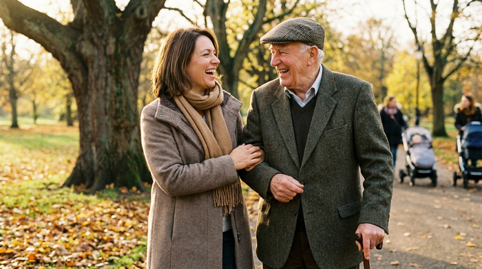 Eine einfühlsame Betreuerin und ein älterer Mann spazieren gemeinsam durch einen herbstlichen Park, sie haken sich unter und lachen fröhlich miteinander.