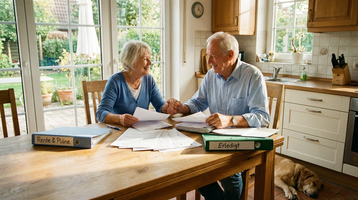 Ein älteres Ehepaar sitzt am Küchentisch und sortiert entspannt Dokumente. Sie wirken erleichtert, zufrieden und blicken optimistisch.