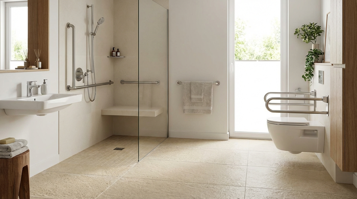 Ein modernes, barrierefreies Badezimmer mit einer ebenerdigen Dusche, stabilen Haltegriffen an der Wand und einem rutschfesten Boden in hellen, freundlichen Fliesen.