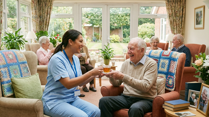 Eine freundliche Pflegekraft in hellblauer Berufskleidung reicht einem fröhlichen Senior eine Tasse Tee in einem gemütlichen, hellen Aufenthaltsraum eines Pflegeheims.