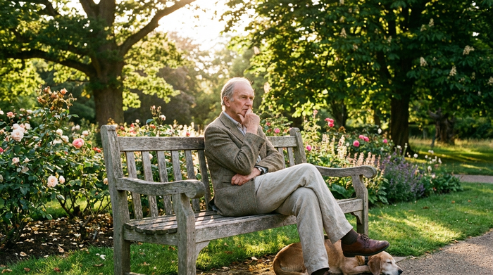 Ein nachdenklicher, aber entspannter älterer Herr sitzt auf einer sonnigen Parkbank, umgeben von gepflegten Blumenbeeten und alten Bäumen.