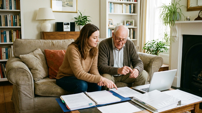 Eine erwachsene Tochter und ihr älterer Vater sitzen gemeinsam auf einem bequemen Sofa im Wohnzimmer und besprechen in ruhiger Atmosphäre wichtige Dokumente.
