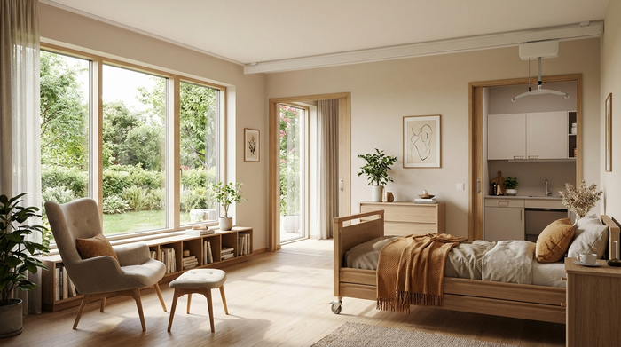 Ein modernes, barrierefreies und helles Pflegezimmer mit großen Fenstern, einem komfortablen Sessel und einer einladenden, wohnlichen Einrichtung.