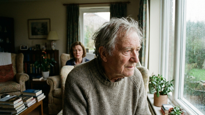 Ein älterer Herr mit grauem Haar blickt leicht desorientiert, aber ruhig aus dem Fenster eines gemütlichen Wohnzimmers. Im Hintergrund steht unscharf eine besorgte Angehörige. Sanfte Beleuchtung, realistische Szene, keine Schrift.
