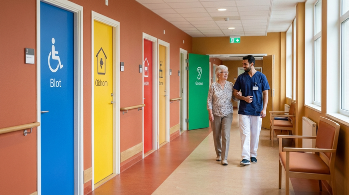 Ein heller, demenzgerecht gestalteter Flur in einer modernen Pflegeeinrichtung mit farblich abgesetzten Türen zur besseren Orientierung. Eine lächelnde Seniorin geht am Arm eines freundlichen Pflegers spazieren. Warme Farben, saubere Umgebung.