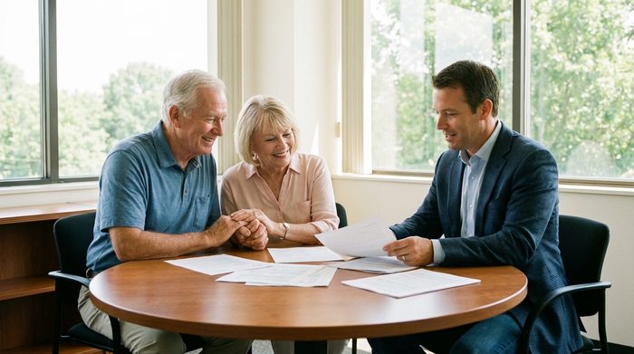 Ein älteres Ehepaar sitzt gemeinsam mit einem kompetenten Berater an einem runden Holztisch und bespricht Unterlagen. Entspannte, vertrauensvolle Atmosphäre, helle Büroumgebung, Fokus auf die erleichterten Gesichter, keine lesbaren Texte.