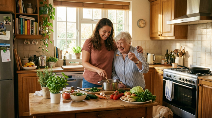 Eine liebevolle Betreuungskraft kocht gemeinsam mit einer freudig lächelnden Seniorin in einer gemütlichen, häuslichen Küche. Frisches Gemüse liegt auf dem Tisch, warme und positive Stimmung, realistische Szene, viel Tageslicht.