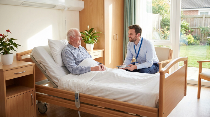 Ein älterer Herr sitzt entspannt in einem sauberen Krankenhausbett, während ein freundlicher Sozialarbeiter ihm auf Augenhöhe zugewandt ist. Helles Patientenzimmer, tröstliche und professionelle Stimmung.