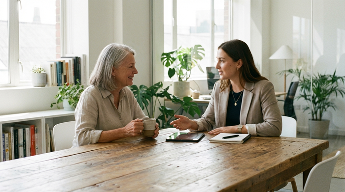 Zwei Frauen sitzen an einem Holztisch bei einer Beratung. Eine ältere Dame und eine professionelle Beraterin in einem modernen, aufgeräumten Büro. Entspannte, vertrauensvolle Atmosphäre mit natürlichem Licht.
