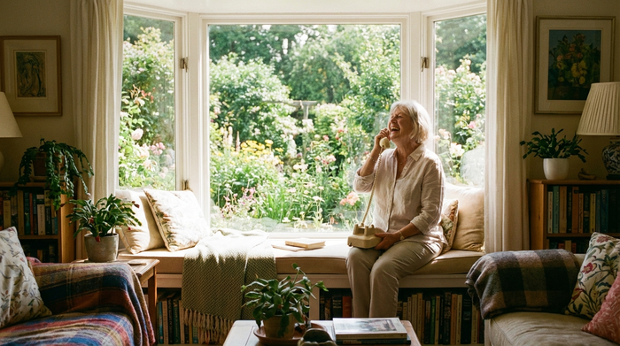 Eine ältere Frau telefoniert lächelnd an einem Fensterplatz mit Blick auf einen grünen Garten. Gemütliches Wohnzimmer, sonnig, friedlich und voller Hoffnung.