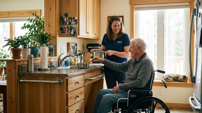 Eine aufmerksame Betreuungskraft kocht gemeinsam mit einem lächelnden Senior in einer gepflegten, barrierefreien Küche. Herzliche Interaktion, lebendige und warme häusliche Umgebung.