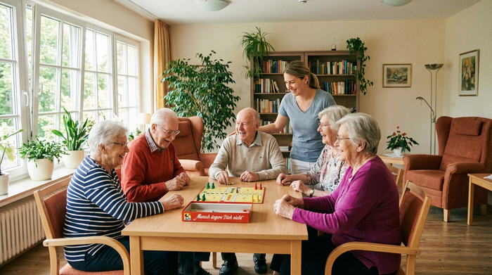 Senioren sitzen in einem hellen Aufenthaltsraum zusammen an einem Tisch und spielen ein Brettspiel, während eine Pflegekraft fröhlich zuschaut. Gepflegtes, wohnliches Ambiente ohne medizinische Geräte.