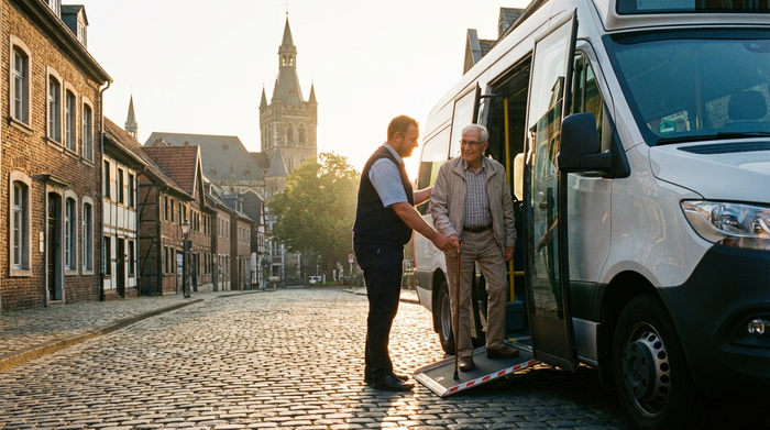 Ein Senior wird morgens von einem freundlichen Fahrer an der Haustür in Aachen abgeholt. Der Fahrer hilft ihm sanft in einen modernen, rollstuhlgerechten Kleinbus. Sonniges Morgenlicht, positive Stimmung, realistische Szene ohne Schriftzüge.