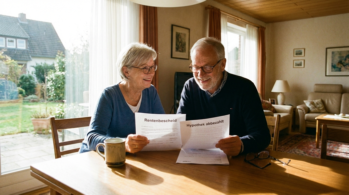 Ein älteres Ehepaar sitzt am Esstisch und betrachtet entspannt einige Unterlagen. Eine Kaffeetasse steht auf dem Tisch. Die Szene strahlt Erleichterung und finanzielle Sicherheit aus. Helles Wohnzimmer, realistische Fotografie.