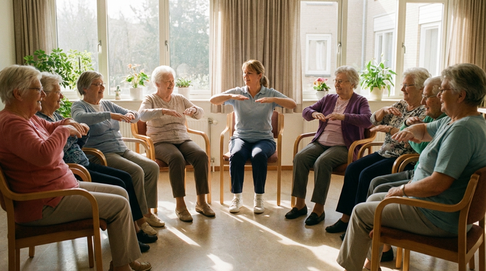 Eine Gruppe von Senioren macht leichte Sitzgymnastik im Stuhlkreis in einem lichtdurchfluteten Raum. Ein Physiotherapeut macht die Übungen vor. Alle wirken konzentriert und fröhlich. Authentische Pflegesituation, keine störenden Texte.