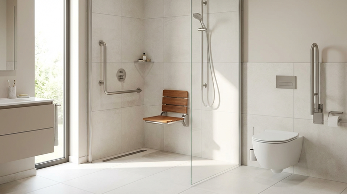 Ein modernes, barrierefreies Badezimmer mit einer ebenerdigen Dusche und Haltegriffen. Ein eleganter Duschsitz ist an der Wand montiert. Sauberes, helles Design, das Sicherheit im Alter vermittelt. Ohne Text oder Labels.