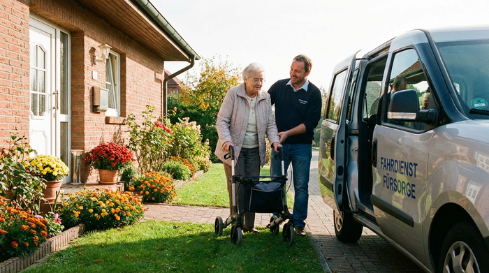 Ein empathischer Fahrer stützt eine ältere Dame mit Rollator auf dem Weg von ihrer Haustür zum Transportfahrzeug. Helles Tageslicht, gepflegter Vorgarten, sichere und ruhige Ausstrahlung.