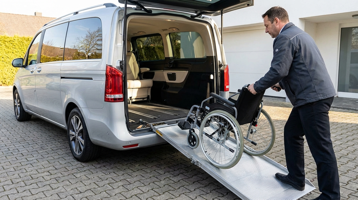 Ein moderner Kleinbus mit ausgefahrener, stabiler Rollstuhlrampe am Heck. Ein Fahrer schiebt einen leeren Rollstuhl sicher über die Rampe in den geräumigen, hellen Innenraum des Fahrzeugs.