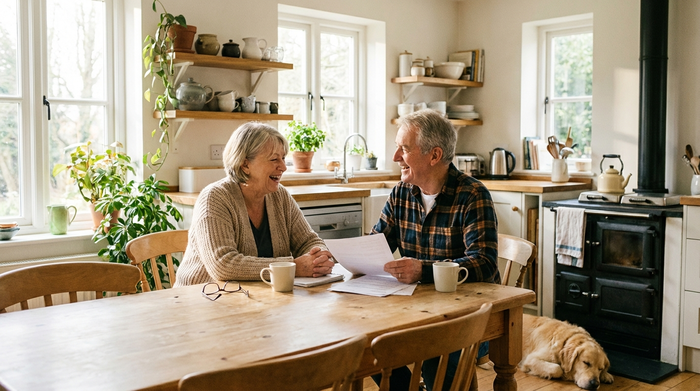 Ein älteres Ehepaar sitzt entspannt an einem Holztisch in einer hellen Küche und bespricht bei einer Tasse Kaffee lächelnd Dokumente. Gemütliche, aufgeräumte Einrichtung, sonnige Morgenstimmung.