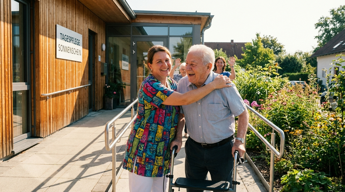 Eine freundliche Pflegekraft begrüßt einen ankommenden Senior herzlich vor dem barrierefreien Eingang einer modernen Tagespflegeeinrichtung. Fröhliche Stimmung, sonniger Nachmittag, grüne Pflanzen im Hintergrund.
