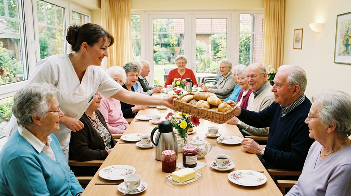 Ein gemütliches gemeinsames Frühstück von Senioren an einem schön gedeckten Tisch mit frischen Brötchen, Marmelade und Kaffee. Eine freundliche Pflegekraft reicht einen Brotkorb. Helle und saubere Umgebung.