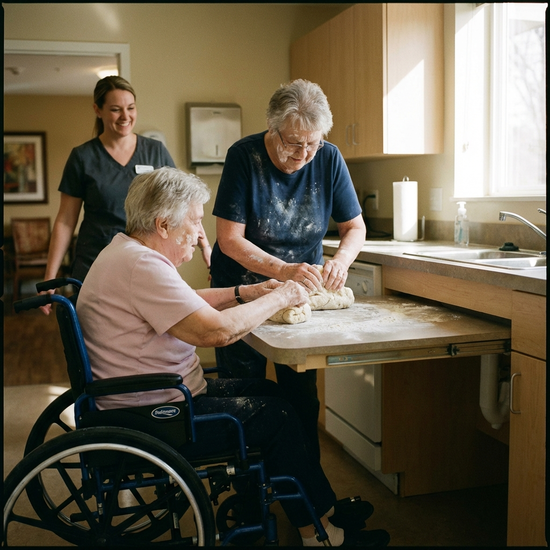 Zwei ältere Damen backen gemeinsam in einer barrierefreien Küche einen Kuchen. Sie kneten Teig auf einer bemehlten Arbeitsfläche, im Hintergrund steht eine lächelnde Betreuungskraft.