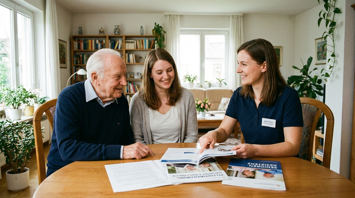 Ein älterer Herr sitzt gemeinsam mit seiner Tochter und einer Pflegeberaterin an einem runden Tisch. Sie schauen entspannt auf informative Unterlagen zur Pflegefinanzierung. Vertrauensvolle und professionelle Beratungssituation.
