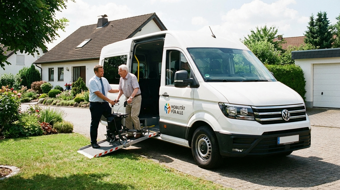 Ein moderner, weißer Kleinbus mit geöffneter Rollstuhlrampe steht vor einem gepflegten Haus. Ein freundlicher Fahrer hilft einem lächelnden Senior mit Rollator beim sicheren Einstieg in das Fahrzeug.
