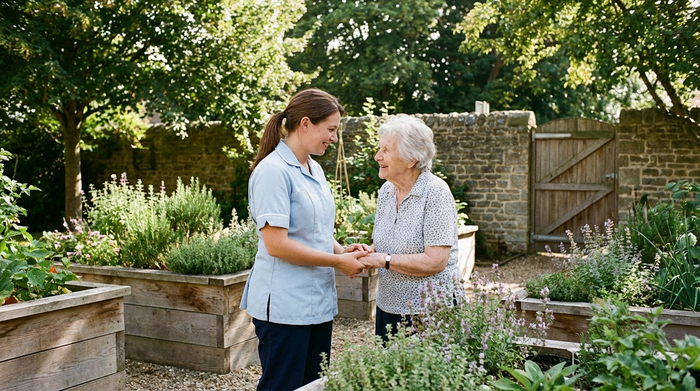 Eine einfühlsame Pflegekraft hält sanft die Hände einer älteren Dame. Beide schauen sich in einem ruhigen, geschützten Garten mit bepflanzten Hochbeeten an und lächeln vertraut. Friedliche und sichere Umgebung.