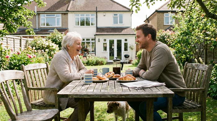 Zwei Nachbarn, eine ältere Dame und ein jüngerer Mann, trinken gemeinsam fröhlich Kaffee an einem Holztisch. Eine entspannte, nachbarschaftliche Atmosphäre mit Kaffeetassen und Gebäck. Realistisches Foto ohne Text.