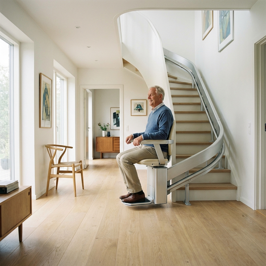 Ein moderner, sicherer Treppenlift in einem hellen, stilvollen Flur eines Einfamilienhauses. Ein älterer Herr sitzt bequem und entspannt darauf. Realistische Innenaufnahme, keine Beschriftungen.