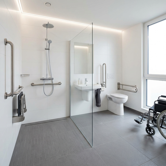 Ein modernes, barrierefreies Badezimmer mit bodengleicher Dusche, stabilen Haltegriffen an den weißen Wänden und rutschfesten grauen Fliesen. Sehr sauber, hell beleuchtet, ohne Text.